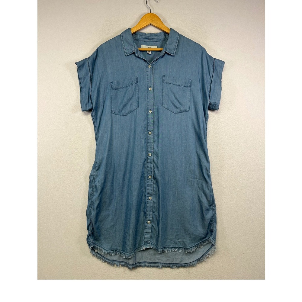 Boho Coastal Thread & Supply Womens Large Blue Lyocell Fringe Hem Shirt Dress
